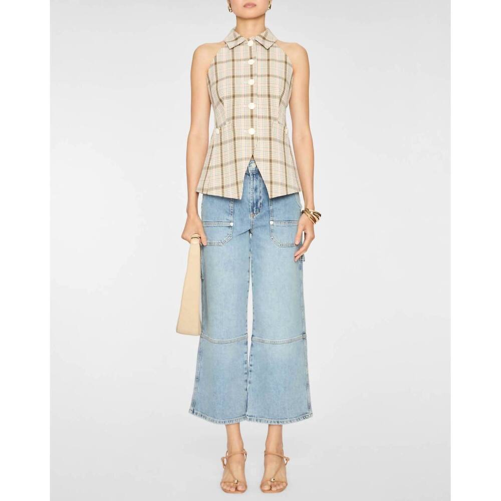Veronica Beard Beige Plaid Sleeveless Button Front Blouse